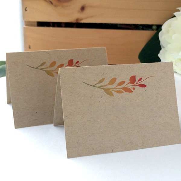 Blank Fall Wedding Place Cards - Fall Themed Wedding Name Cards, Fall Leaves, Fall Colored Name Cards - Kraft Wedding Cards
