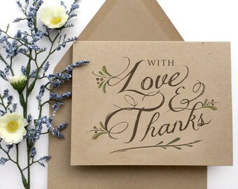 Thank You Cards Set of 8 - Thinking of You Cards - Thank You Folded Note Card - With Love and Thanks - Kraft Thank You Cards