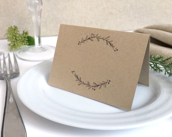 Blank Kraft Place Cards - Folded Place Cards - Floral Wreath Wedding Name Cards - Placecards - Write Your Own Names and Table Number
