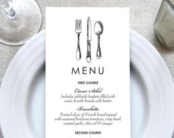 Vintage Silverware Wedding Menu Cards - Wedding Menu Card - Rehearsal Dinner, Brunch, Bridal Shower Menus - Printed Wedding Menu