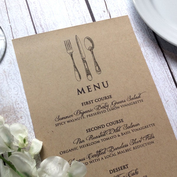 Wedding Menu Card - Vintage Inspired Wedding Menu Cards - Rustic Wedding Kraft Dinner Menus - Shabby Chic Menus with Vintage Silverware