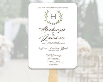 Wedding Ceremony Program Fans, Simple Laurel Wreath Monogram Program Fans, Printed Ceremony Fan for Weddings, Printed you Assemble