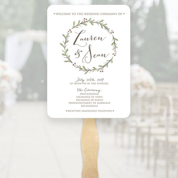 Wedding Program Fans Wooden Sticks Included  - Wedding Program Fans - Printed Ceremony Wedding Fan - Simple Wedding Wreath Ceremony Fans