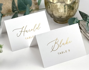 Gold Foil Place Cards, Printed Gold Foil Wedding Escort Cards, Simple Modern Folded Name Cards, Gold Foil, Rose Gold Foil, Silver Foil