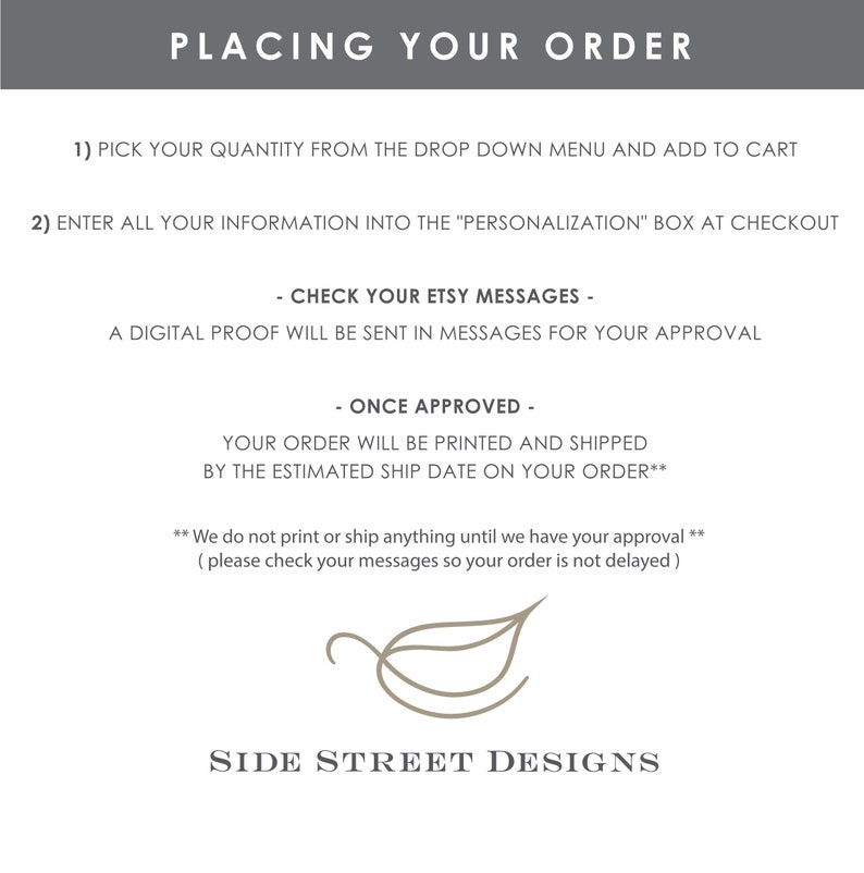 May include: A white informational graphic with dark gray text titled PLACING YOUR ORDER. It outlines steps to select quantity, enter personalization, check Etsy messages for a digital proof, and approve it before printing. Includes a leaf logo and SIDE STREET DESIGNS.