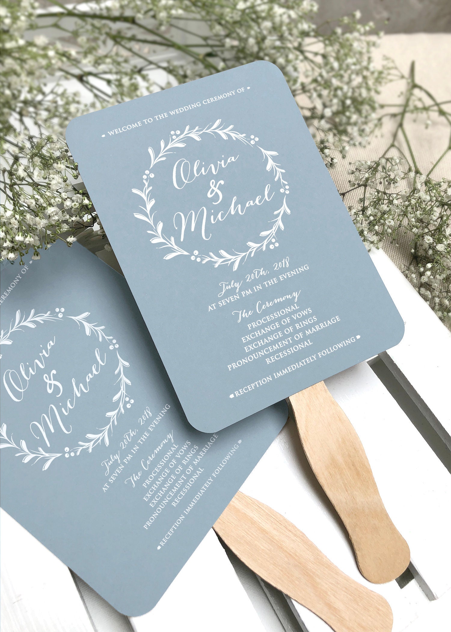 Light Dusty Blue Wedding Program Fans Wooden Sticks Included Light Blue  Wedding Program Fans Printed Ceremony Wedding Fan, You Assemble 