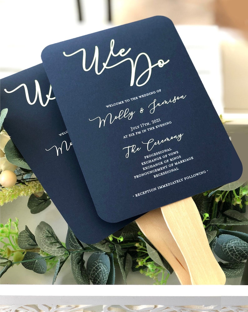 We Do Wedding Program Fans Navy and White Wooden Sticks Included Navy Blue Wedding Program Fans White Custom Text, You Assemble image 1