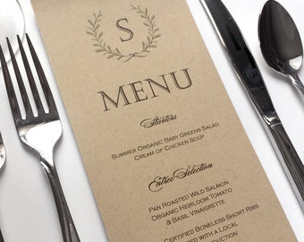 Wedding Menu Cards - Rustic Wedding Menu Card - Laurel Wreath - Kraft Menus - Fits in Folded Napkin - Printed Dinner Menus - Printed Menu