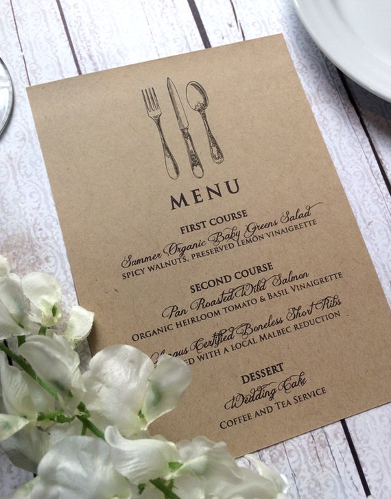 Wedding Menu Card - Vintage Inspired Wedding Menu Cards - Rustic Wedding Kraft Dinner Menus - Shabby Chic Menus with Vintage Silverware