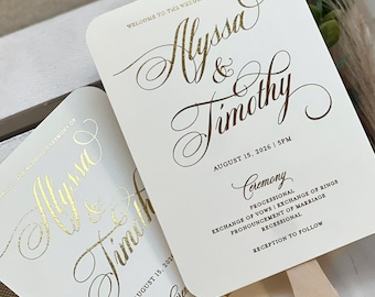 Shiny Gold Foil Wedding Program Fans, Wooden Sticks Included, Printed Gold Foil Wedding Ceremony Fan, Classic, Simple Program Fan