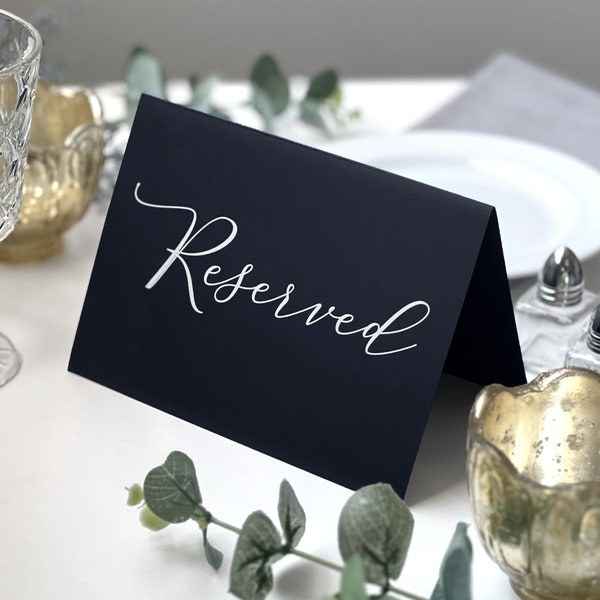 Black Reserved Wedding Table Sign - Reserved Dinner Table Sign - Reserved Seating for Wedding Ceremony - Folded Black Table Signs White Ink