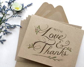 Rustic Thank You Cards Set of 8 - Wedding Thank You Cards - Thank You Folded Note Card - With Love and Thanks - Kraft Thank You Cards
