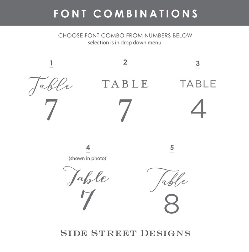 May include: A graphic showcasing font combinations for table numbers. The image displays various font styles for the word "Table" and corresponding numbers. Text at the top reads "FONT COMBINATIONS". The bottom text says "SIDE STREET DESIGNS".