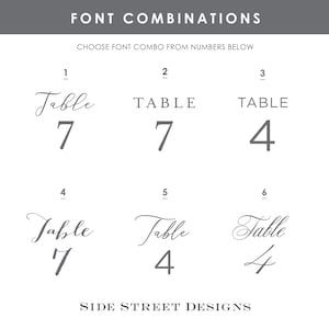 May include: A graphic with the text "FONT COMBINATIONS" and "CHOOSE FONT COMBO FROM NUMBERS BELOW." It displays six font combinations for the word "Table" with numbers 1-6. The text "SIDE STREET DESIGNS" is at the bottom.