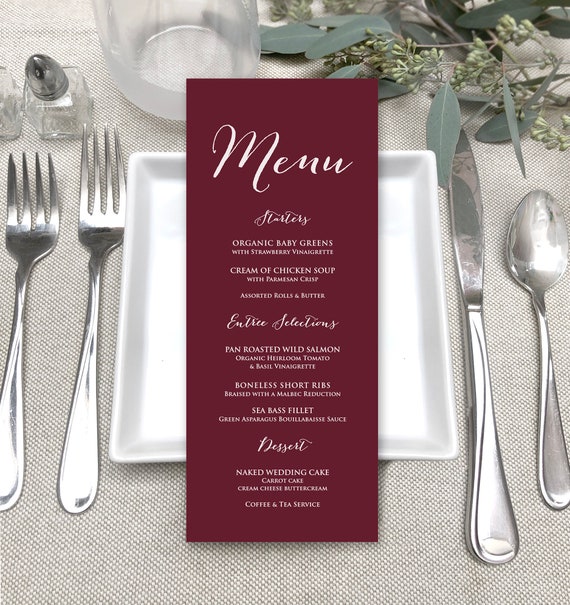 Maroon Burgundy Printed Menu Cards - Holiday Dinner Menu Cards -Modern White Printing Maroon Menu Cards - Fall Wedding Menus - Wine Wedding