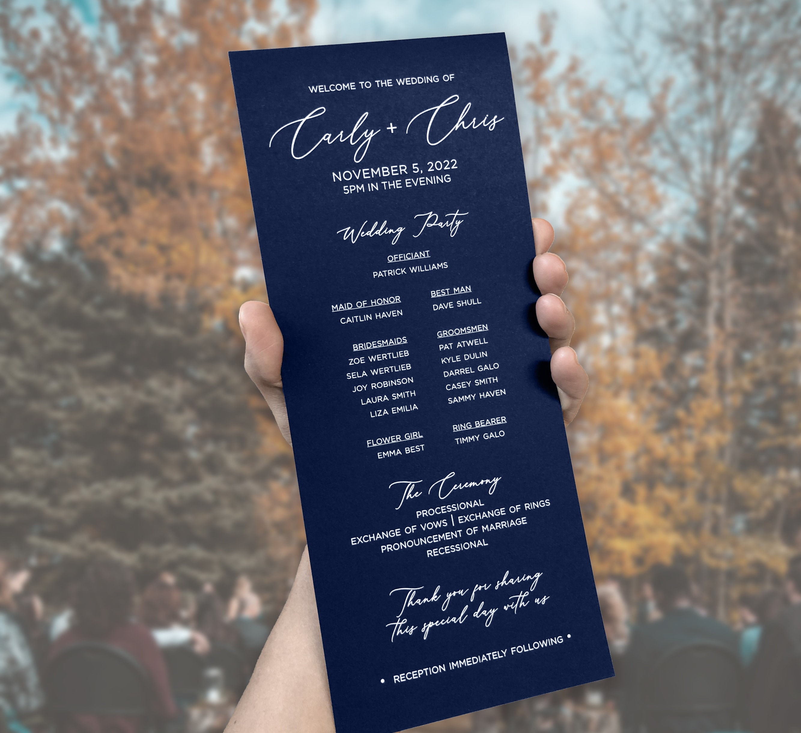 Navy Blue Wedding Ceremony Programs, Printed Wedding Ceremony Programs, Custom Wedding Programs with Bridal Party - White Ink Printing