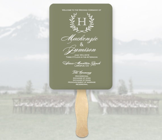Green Wedding Program Fans Monogram - Green Wreath Wedding Program Fans - Printed Ceremony Fan - Green Cardstock White Ink - You Assemble