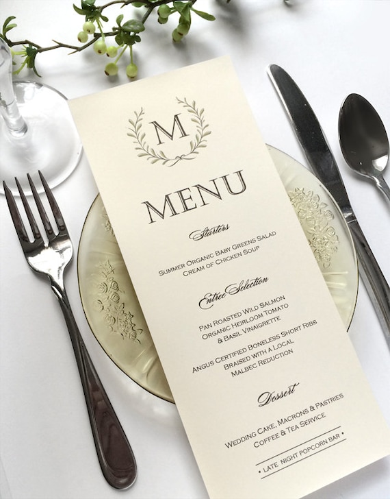 Ivory Wedding Menu Cards - Woodland Wedding Menu Card - Laurel Wreath - Dinner Menus - Fits in Folded Napkin - Printed Dinner Menus