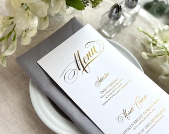 Classic Gold Foil Menu Cards, Printed Shiny Wedding Gold Foil Menus, Simple and Classy Gold Menus For Reception Tables, Printed Menu Cards