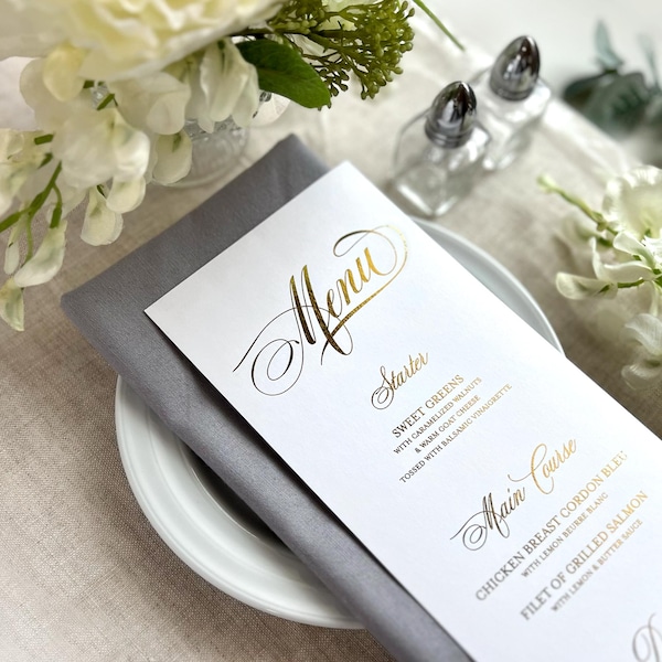 Classic Gold Foil Menu Cards, Printed Shiny Wedding Gold Foil Menus, Simple and Classy Gold Menus For Reception Tables, Printed Menu Cards