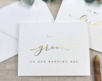 To My Groom on Our Wedding Day Card, To My Bride Cards, Gold Foil Classy and Simple Wedding Day Cards, Metallic Shiny Gold Foil