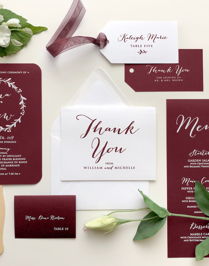 Maroon Burgundy Printed Menu Cards - Holiday Dinner Menu Cards -Modern White Printing Maroon Menu Cards - Fall Wedding Menus - Wine Wedding immagine 4