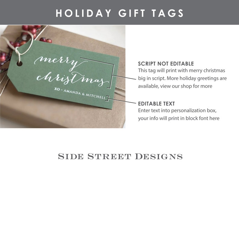 May include: A rectangular green holiday gift tag with a hole for string, featuring the white script text merry christmas and the block font text XO - AMANDA & MITCHELL. The tag includes labels indicating that the script is not editable and the block text is editable.