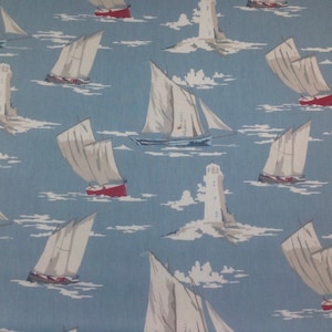 Tecido de algodão marinho Clarke e Clarke Skipper. Para estofados, cortinas, almofadas, artesanato, persianas romanas, abajures, bolsas.