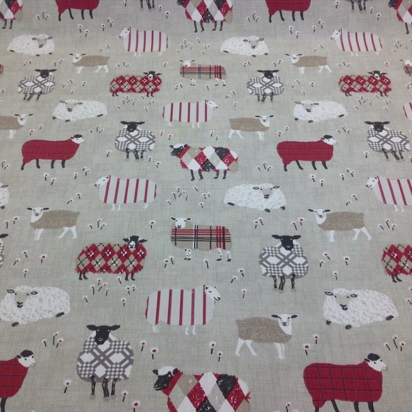 Iliv Baa Baa Sheep Peony Cotton Fabric. For Upholstery, Curtains, Cushions, Craft, Roman Blinds, Lampshades.