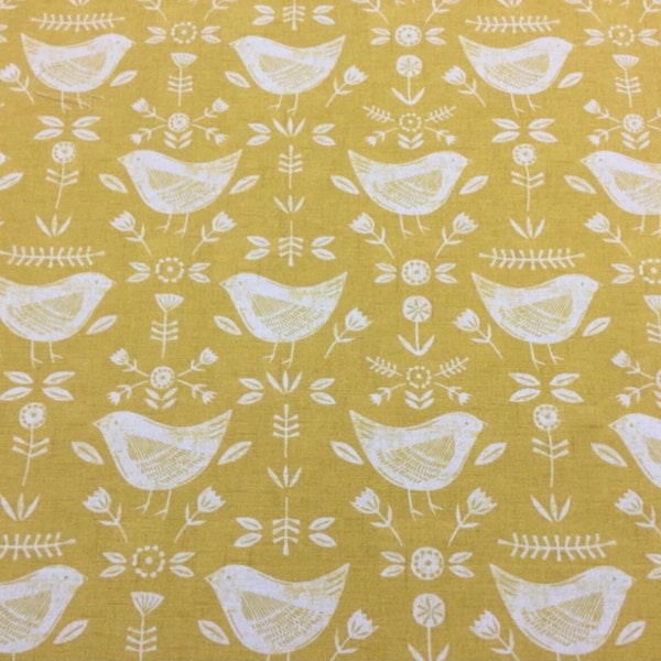 Fryetts Narvic Scandi Birds Ochre Cotton Fabric. For Upholstery, Curtains, Cushions, Craft, Roman Blinds, Lampshades