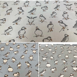 Tecido de algodão Clarke and Clarke Atlantic Puffins. Para estofados, cortinas, almofadas, artesanato, persianas romanas, abajures.