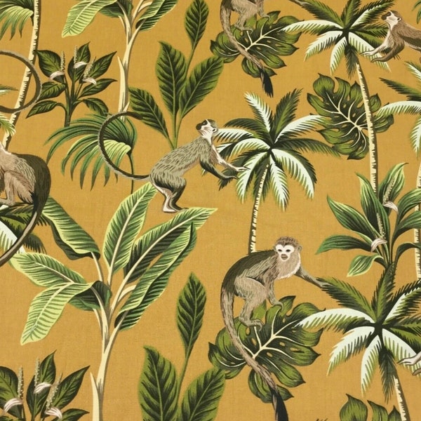 Fryetts Monkey Ochre Cotton Fabric. For Upholstery, Curtains, Cushions, Craft, Roman Blinds, Lampshades.