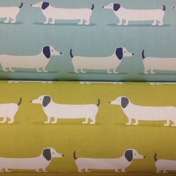 Fryetts Hound Dog Dachshund Cotton Fabric. Duckegg and Ochre.For Upholstery, Curtains, Cushions, Craft, Roman Blinds, Lampshades.