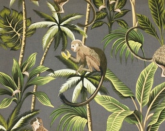 Fryetts Monkey Grey Cotton Fabric. For Upholstery, Curtains, Cushions, Craft, Roman Blinds, Lampshades.