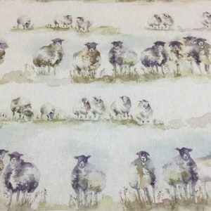 May include: A watercolour painting of a flock of sheep in a field. The sheep are white with black faces and are standing in a line. The background is a light blue sky with white clouds.