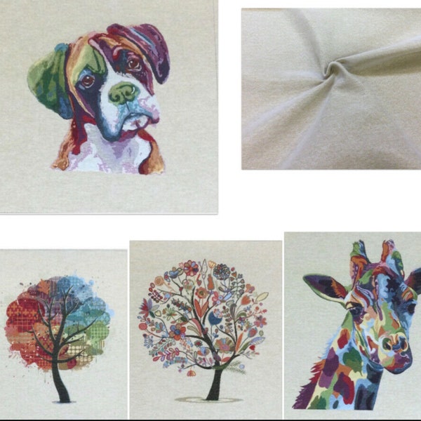 Cushion, Bag Panels. Thick Tapestry Style Fabric.Boxer Dog, Giraffe, Flower Tree and Plain Tree. 47 x 47 cm.