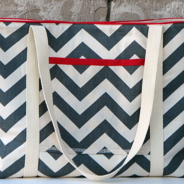 Gray Chevron Canvas Large Tote Bag with Red Accents-Made to Order, Custom