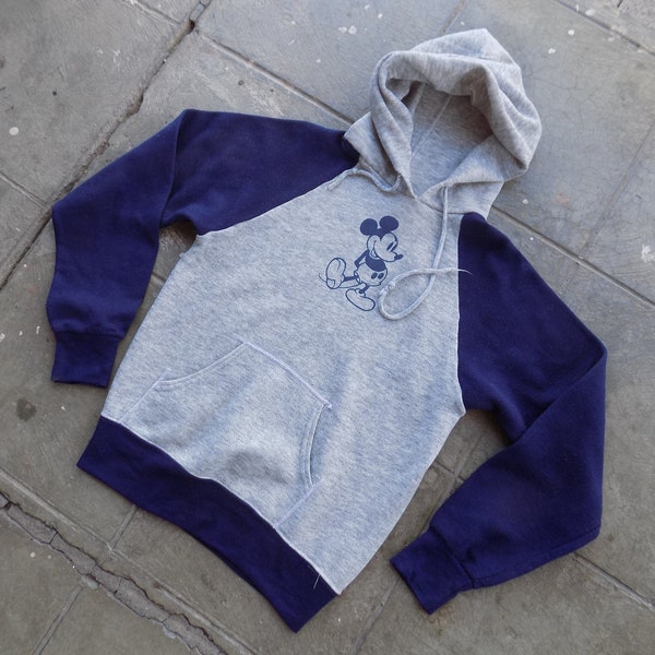 BEAT To HELL Rare Vintage 80s Navy Blue & Heathery Gray Mickey Mouse Hoodie XS