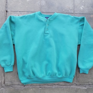 BEAT To HELL Rare Vintage 90s Green Henley Pullover Sweatshirt L image 1