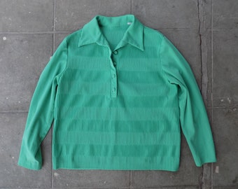 Rare Vintage 70s Green Polyester Long Sleeve Button Up Pullover Shirt M