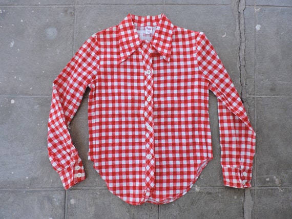 Rare Vintage 70s Red & White Plaid Button Up Shir… - image 1