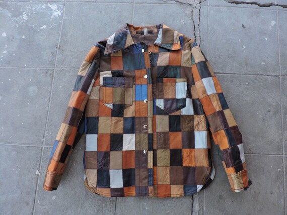 Rare Vintage 70s Patchwork Leather Jacket Womens L