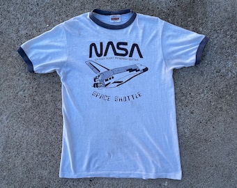 BEAT To HELL Rare Vintage 70s NASA Space Shuttle Paper Thin Ringer T-shirt M