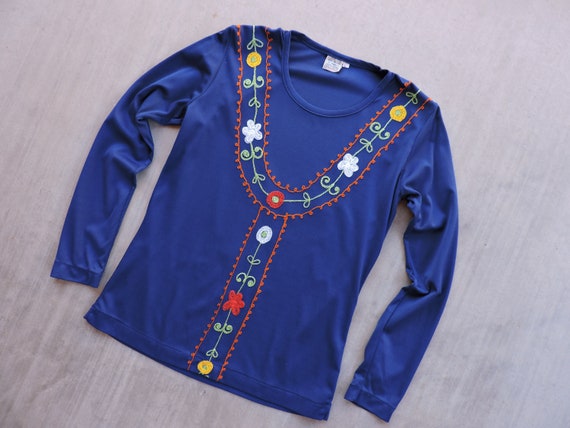 BEAT to HELL Rare Vintage 70s Chain Stitched Navy Blue Long Sleeve 