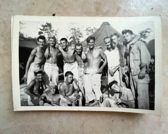 Rare Vintage WWII Card Stock Photo of Shirtless Soldiers 4” X 6”