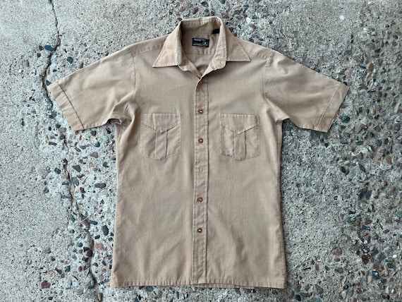 BEAT To HELL Rare Vintage 70s Khaki Button Up Shi… - image 1