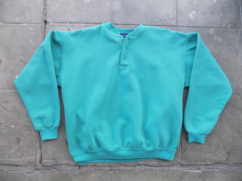 BEAT To HELL Rare Vintage 90s Green Henley Pullover Sweatshirt L image 1