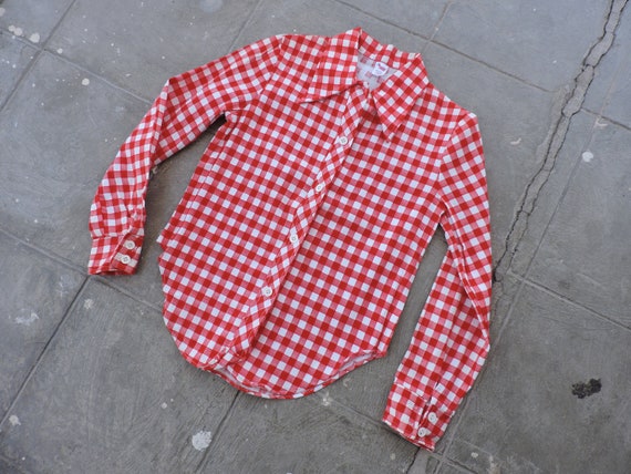 Rare Vintage 70s Red & White Plaid Button Up Shir… - image 2