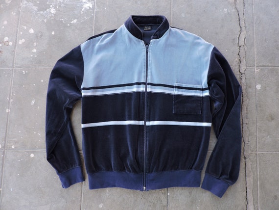 Vintage 70s Striped Blue Terrycloth Zip Up Track J