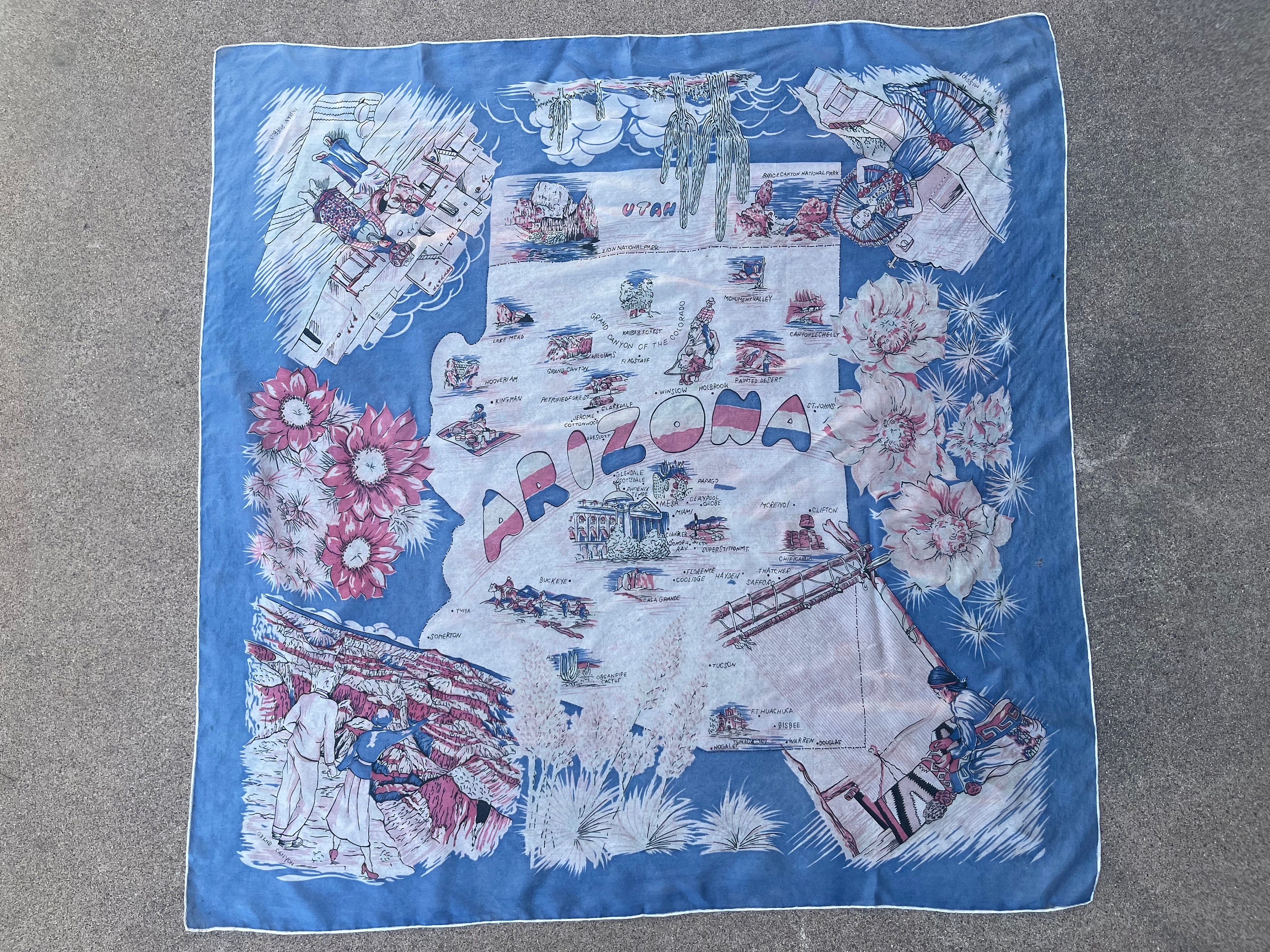 BEAT To HELL Rare Vintage Arizona State Map Pink & Blue Silk Scarf 33.5X33.5